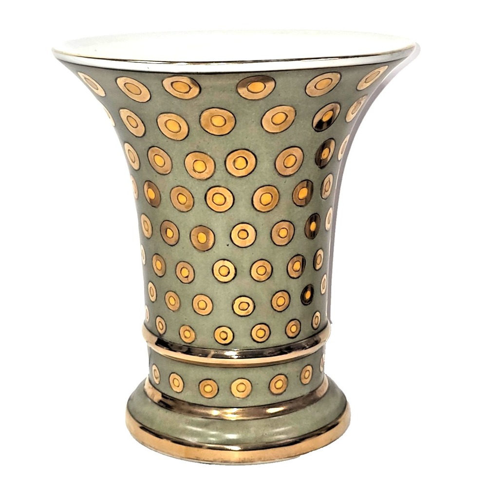 Japanese Art Pottery Vase Olive Green Gold Geometric 8" MCM Decor Display